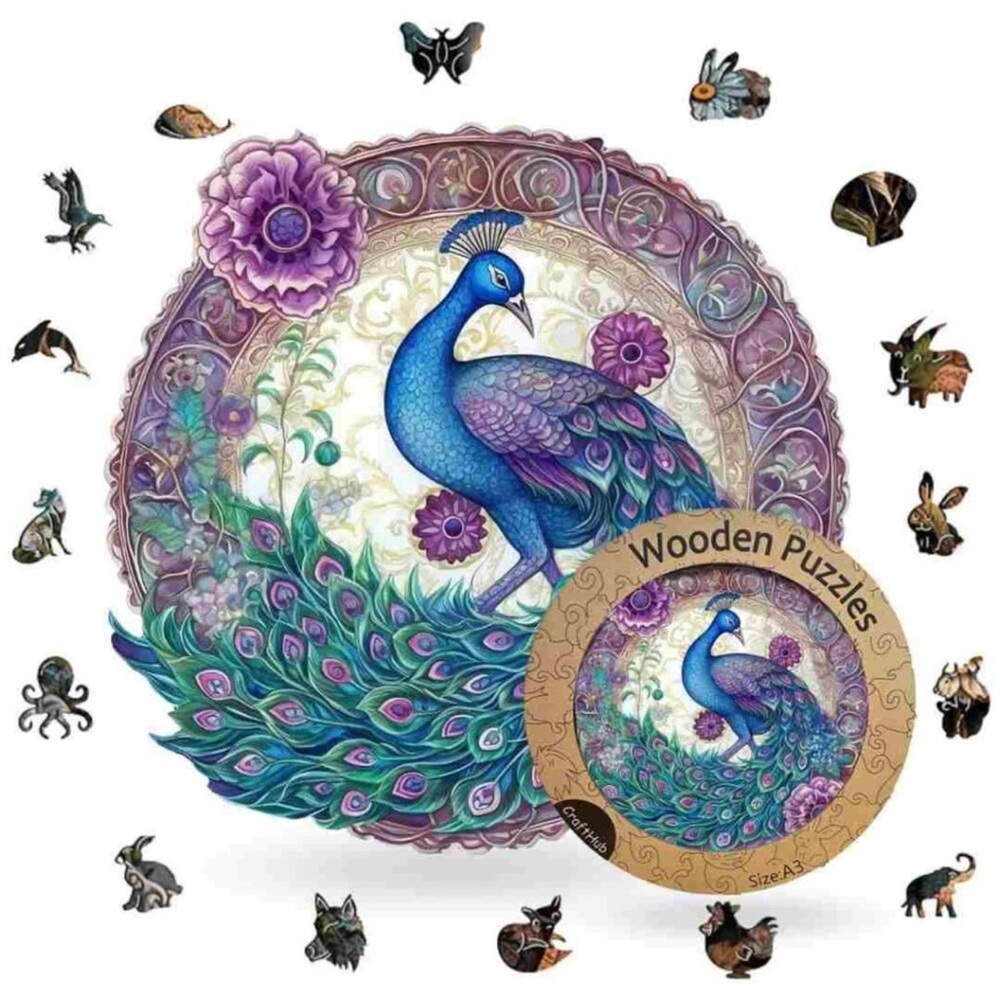 Colorful Peacock wooden jigsaw puzzle A5 SMALL